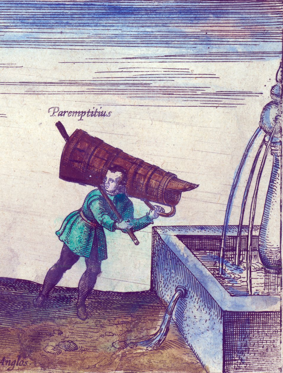 En lærling henter vann fra en fontene, 1598 håndfarget kobbergraveringsdetalj av 324184 av Joris Hoefnagel