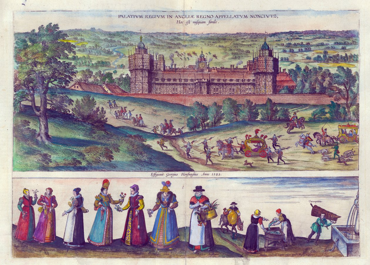 Ankomst av dronning Elizabeth I til Nonesuch Palace og menn og kvinner fra Tudor Society, 1598 (håndfarget kobbergravering) av Joris Hoefnagel