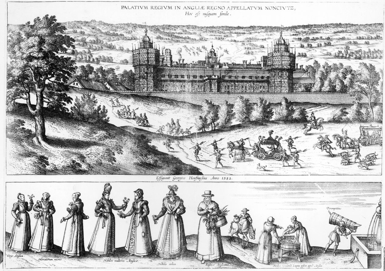 Ankomst av dronning Elizabeth I til Nonsuch Palace og menn og kvinner fra Tudor-samfunnet, 1582 av Joris Hoefnagel