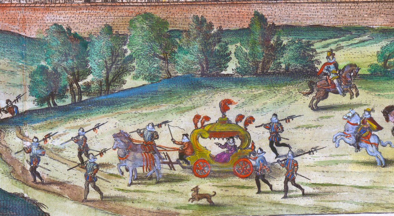 Ankomst av dronning Elizabeth I til Nonesuch Palace med hennes hoffmenn, vakter og hunder, 1598 håndfarget kobbergraveringsdetalj av 324184 av Joris Hoefnagel