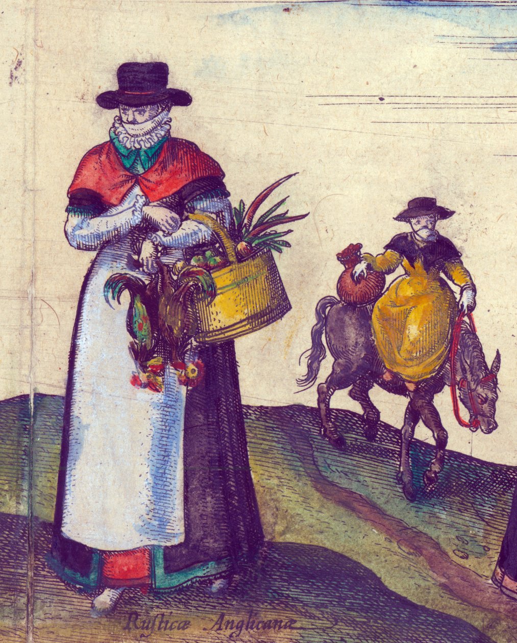 Countryfolk går på markedet, 1598 håndfarget kobbergraveringsdetalj av 324184 av Joris Hoefnagel