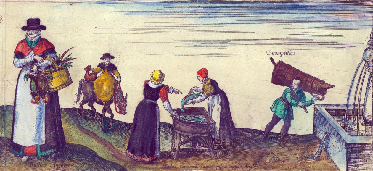 Landsfolk som går på markedet, fiskekoner som selger gjedde og en lærling som henter vann fra en fontene, håndfarget kobbergraveringsdetalj fra 1598 av 324184 av Joris Hoefnagel