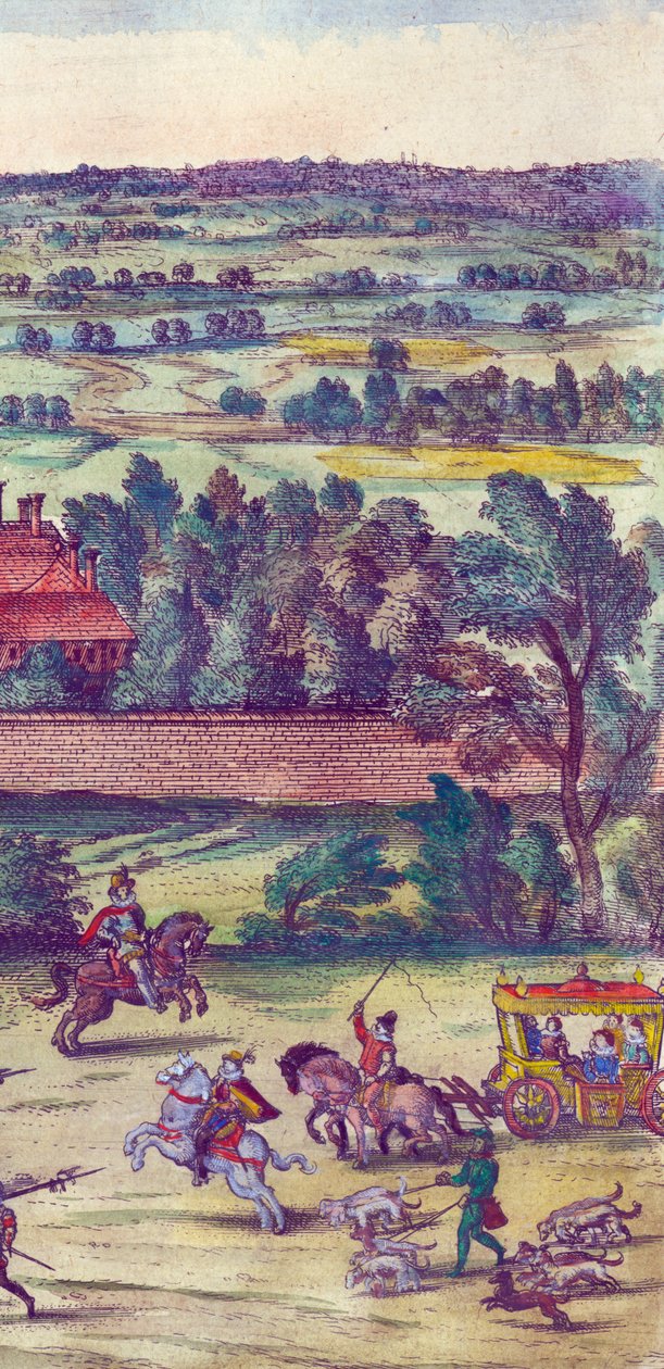 Courtiers og jakthunder som ledsager ankomsten av dronning Elizabeth I til Nonsuch Palace, 1598 håndfarget kobbergraveringsdetalj av 324184 av Joris Hoefnagel