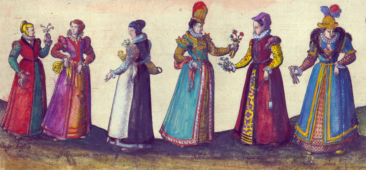 Engelske kvinner fra Elizabethan-tiden, 1598 (håndfarget kobbergravering) av Joris Hoefnagel