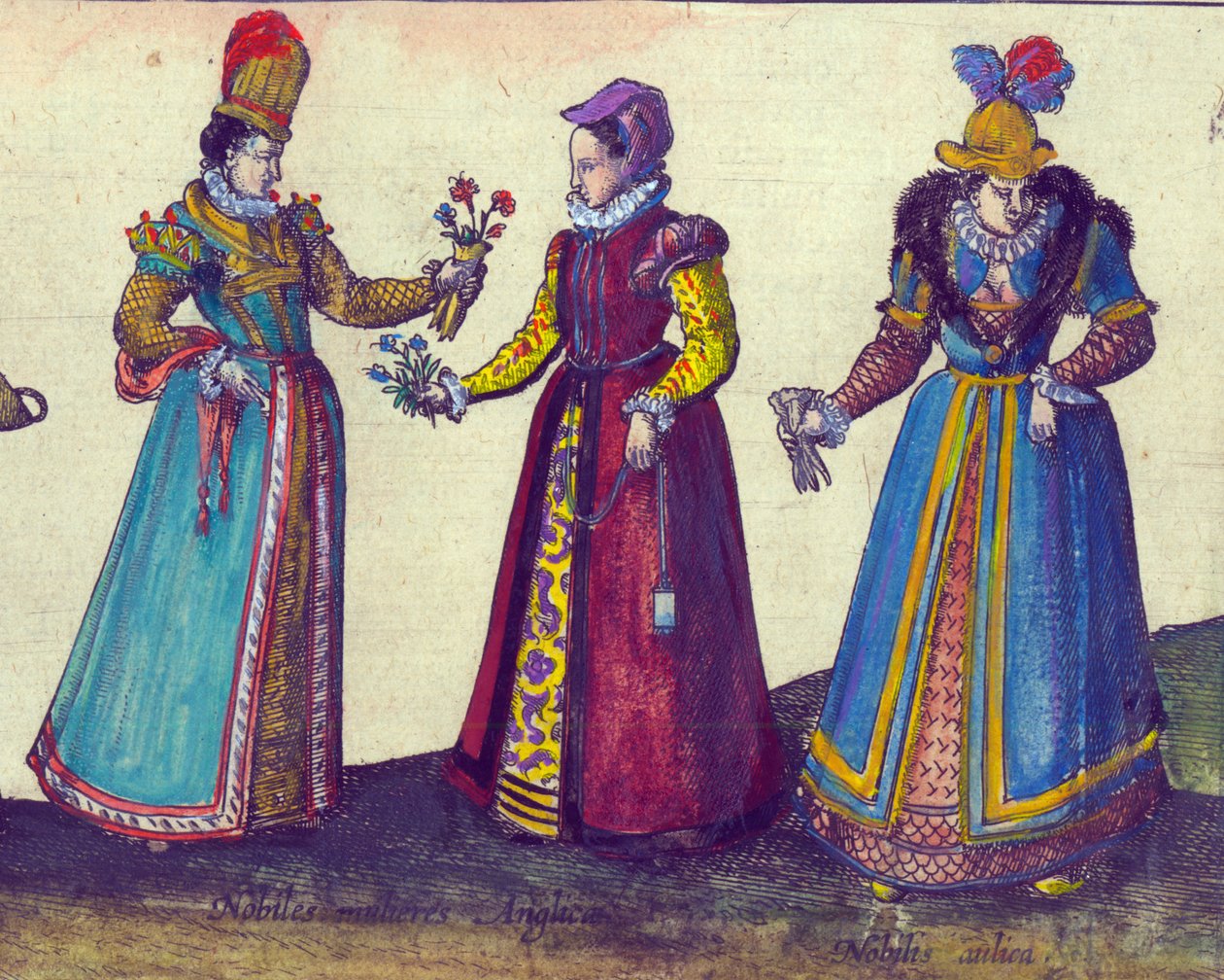 Engelske kvinner fra Elizabethan-tiden, 1598 håndfarget kobbergraveringsdetalj av 324184 av Joris Hoefnagel