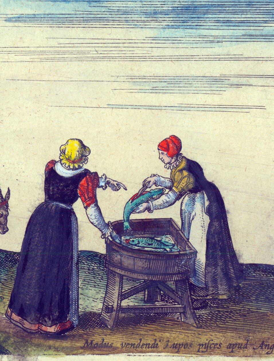 Fiskekoner som selger og sløyer gjedde, 1598 håndfarget kobbergraveringsdetalj av 324184 av Joris Hoefnagel