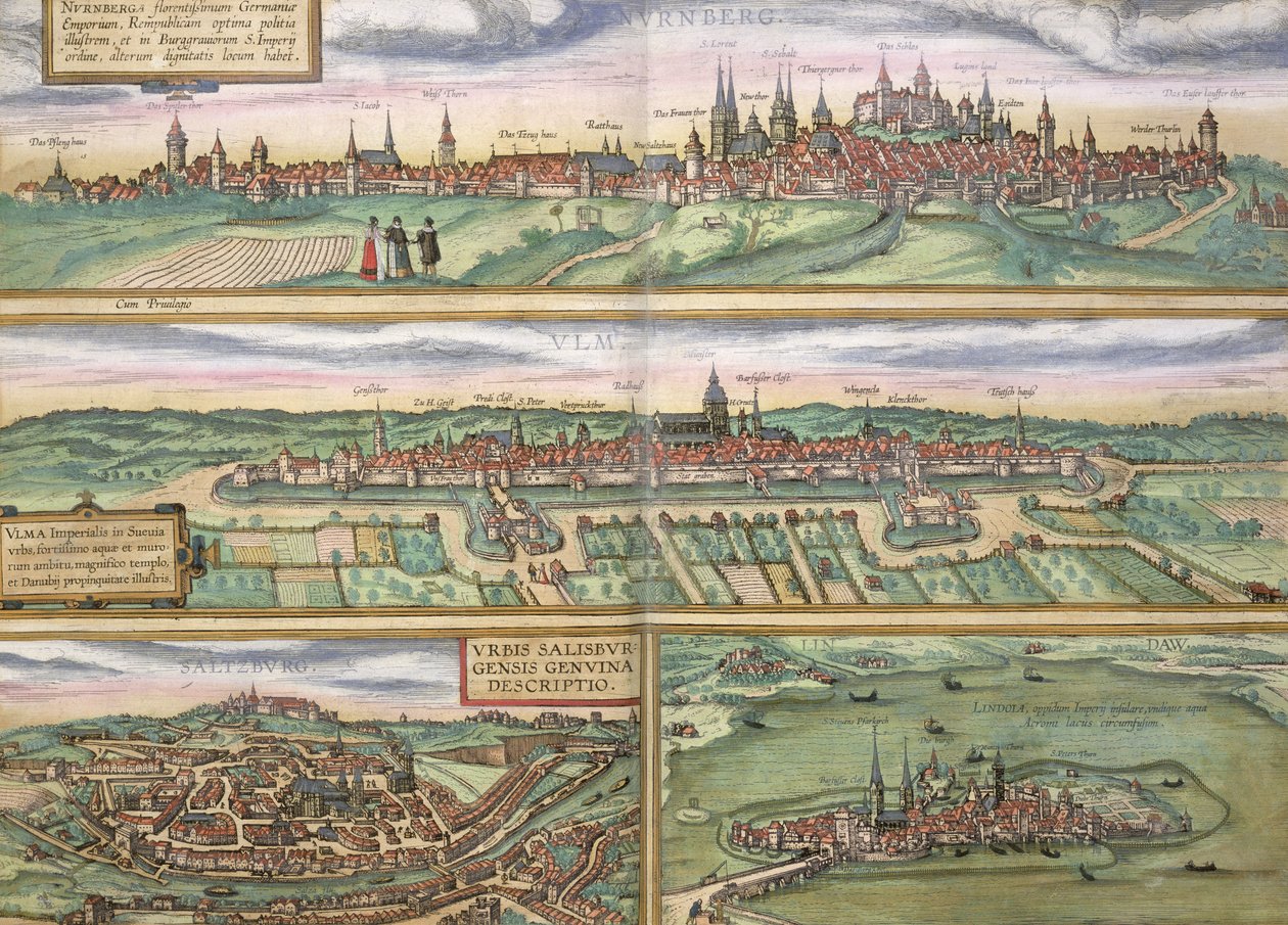 Kart over Nürnberg, Ulm og Saltzburg, fra 'Civitates Orbis Terrarum' av Georg Braun (1541-1622) og Frans Hogenberg (1535-90), ca. 1572 (fargegravering) av Joris Hoefnagel