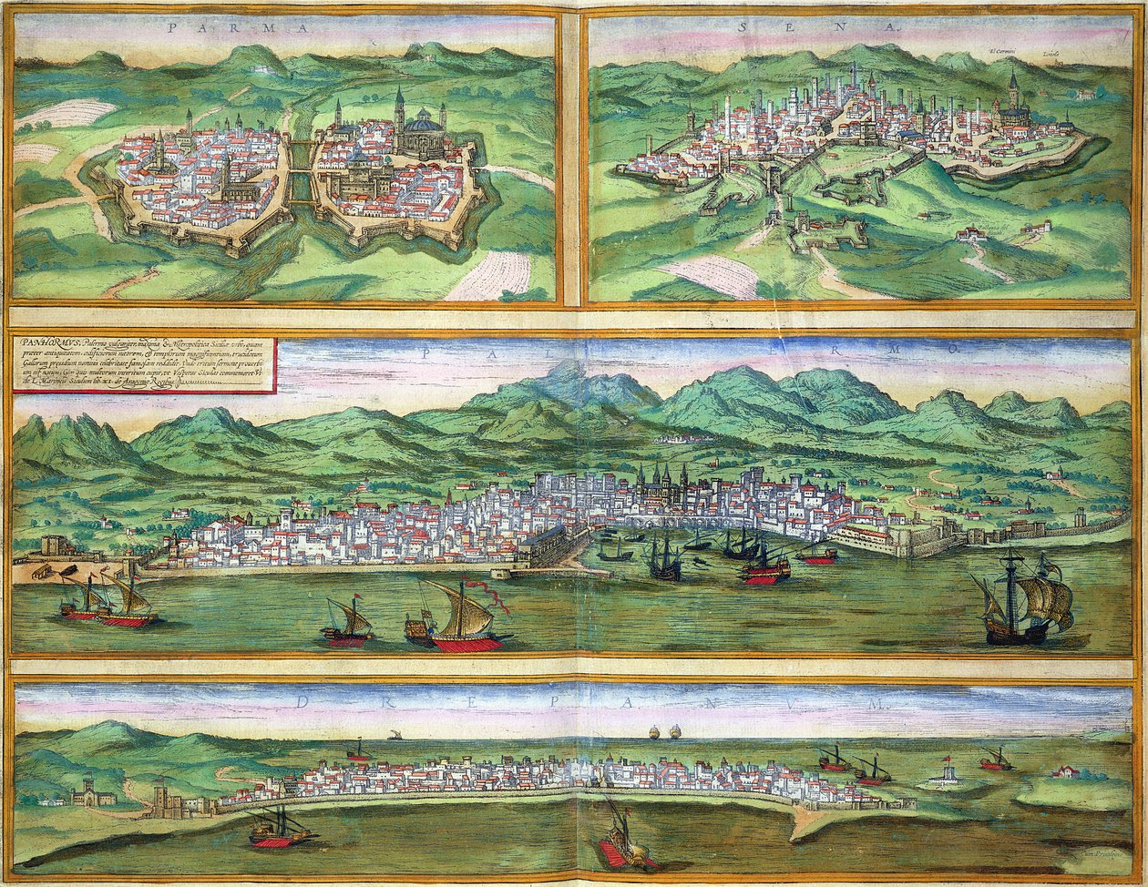 Kart over Parma, Siena, Palermo og Trapani fra "Cities of the World" av Georg Braun (1541-1622) og Frans Hogenberg (1535-90), ca. 1572 av Joris Hoefnagel