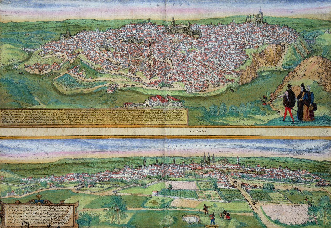 Kart over Toledo og Valladolid, fra 'Civitates Orbis Terrarum' av Georg Braun (1541-1622) og Frans Hogenberg (1535-90), ca. 1572 av Joris Hoefnagel