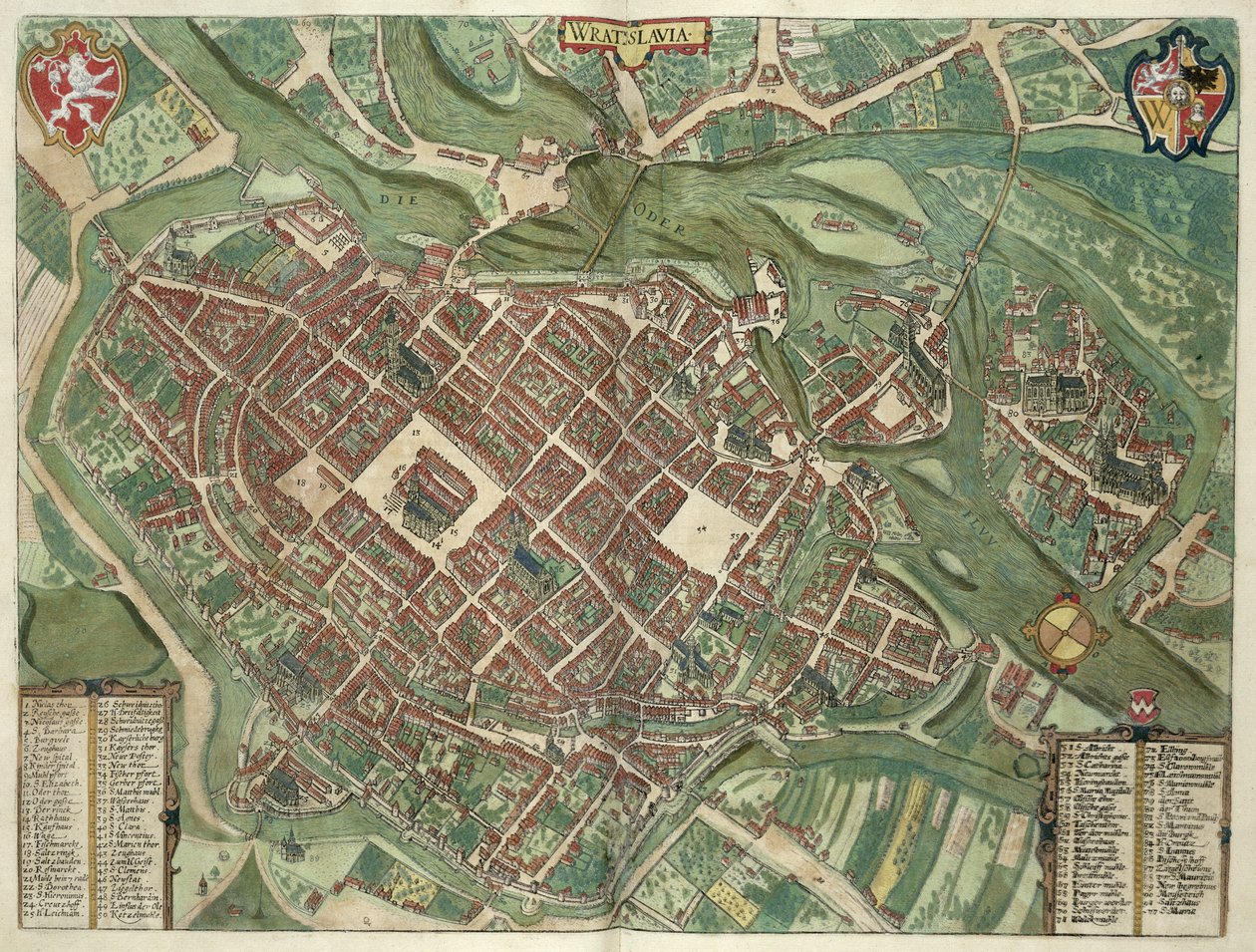Kart over WRATISLAVA Bresslaw, fra "Cities of the World" av Georg Braun (1541-1622) og Frans Hogenberg (1535-90) ca. 1572-1617 av Joris Hoefnagel