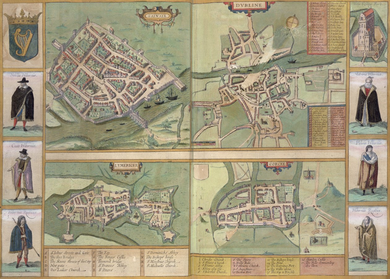 Kart over Galway, Dublin, Limerick og Cork, fra 'Civitates Orbis Terrarum' av Georg Braun (1541-1622) og Frans Hogenberg (1535-90), ca. 1573 av Joris Hoefnagel