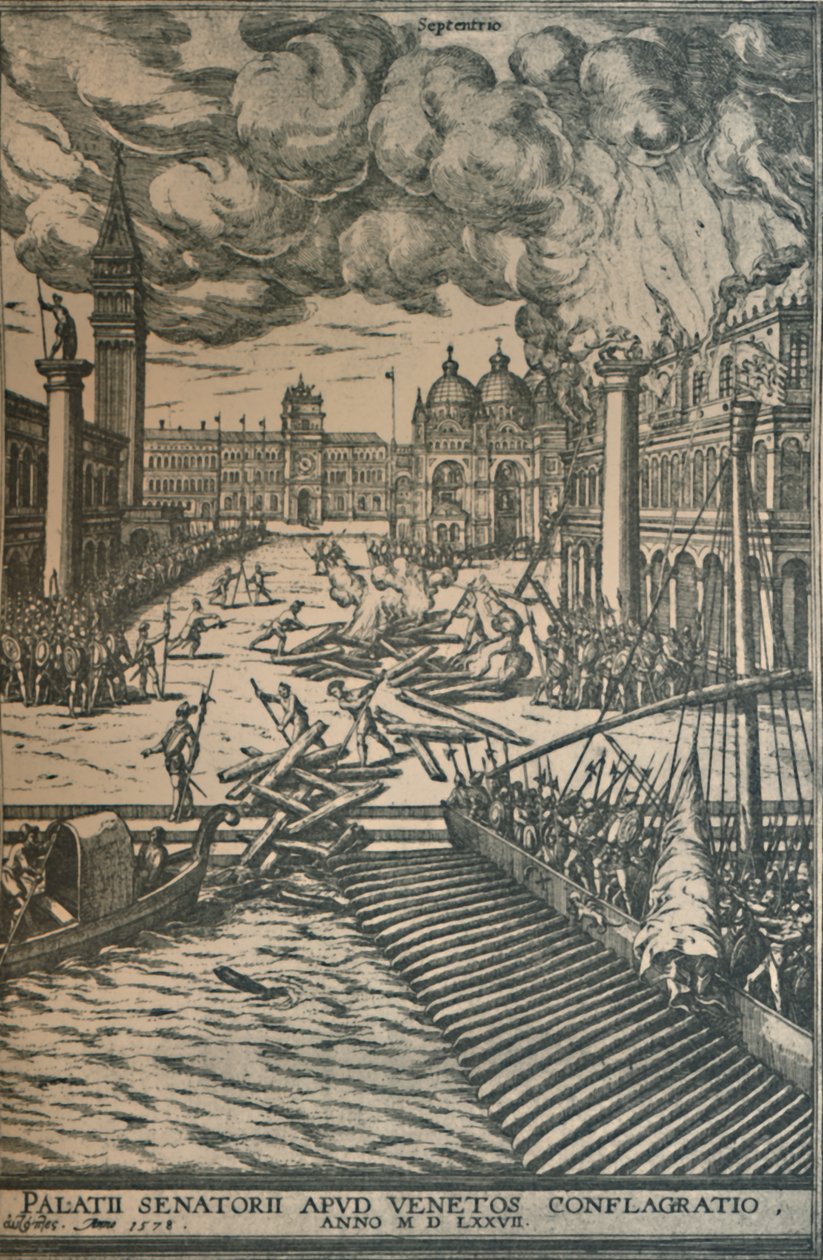 The Burning of the Doges Palace, 1578, 1925. av Joris Hoefnagel