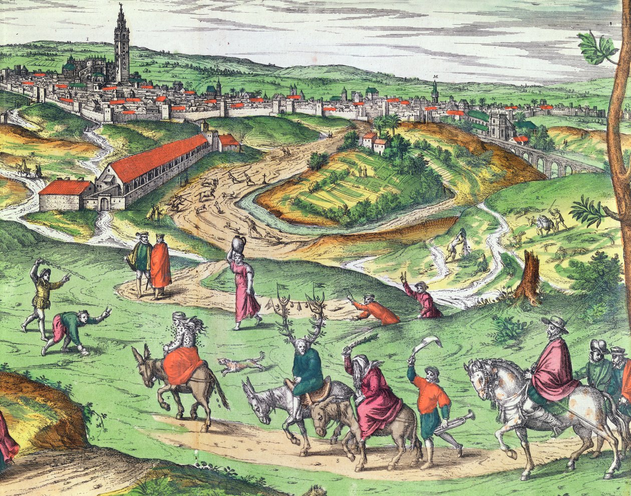 Byplan for Sevilla, fra Civitates Orbis Terrarum av Georg Braun 1541-1622 og Frans Hogenberg 1535-90, 1593 farget graveringsdetalj av 121051 av Joris Hoefnagel