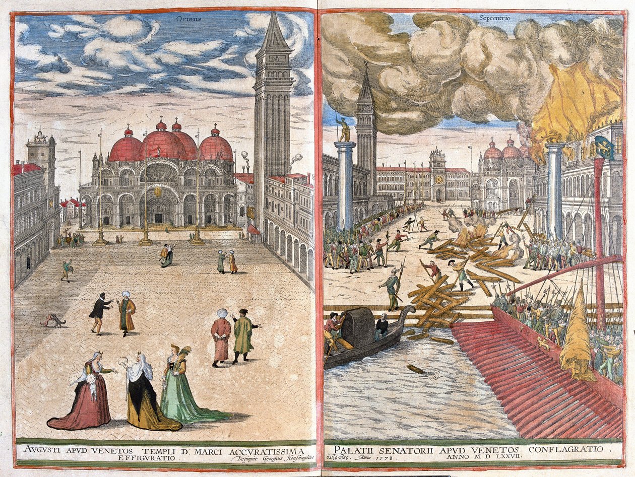 Venezia, Italia: Markuskirken og brannen ved den venetianske doges palass i 1577 (tegning av Joris Hoefnagel
