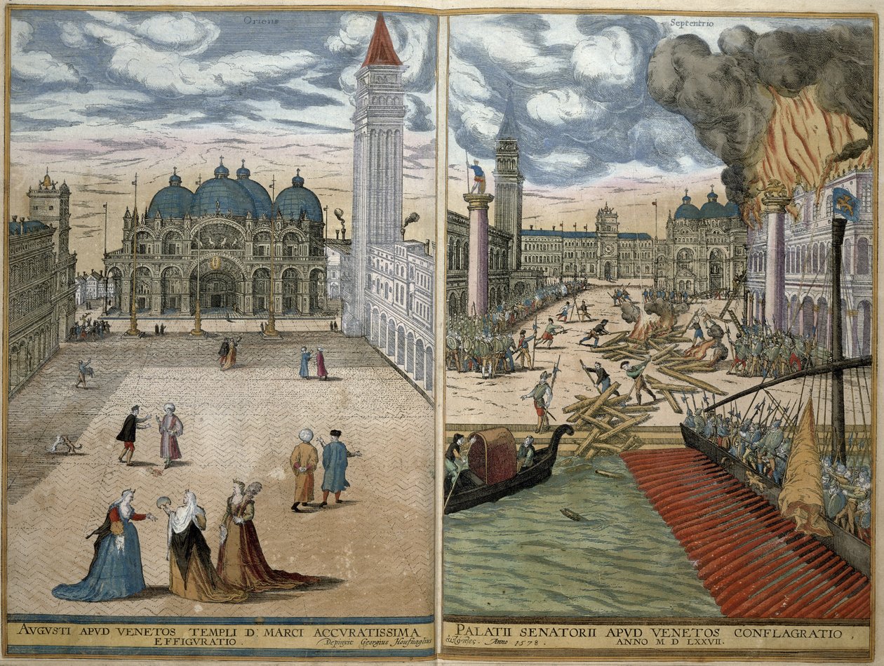 Utsikt over San Marco, og Palazzo Ducale i brann, fra 'Civitates Orbis Terrarum' av Georg Braun (1541-1622) og Frans Hogenberg (1535-90) 1578 av Joris Hoefnagel