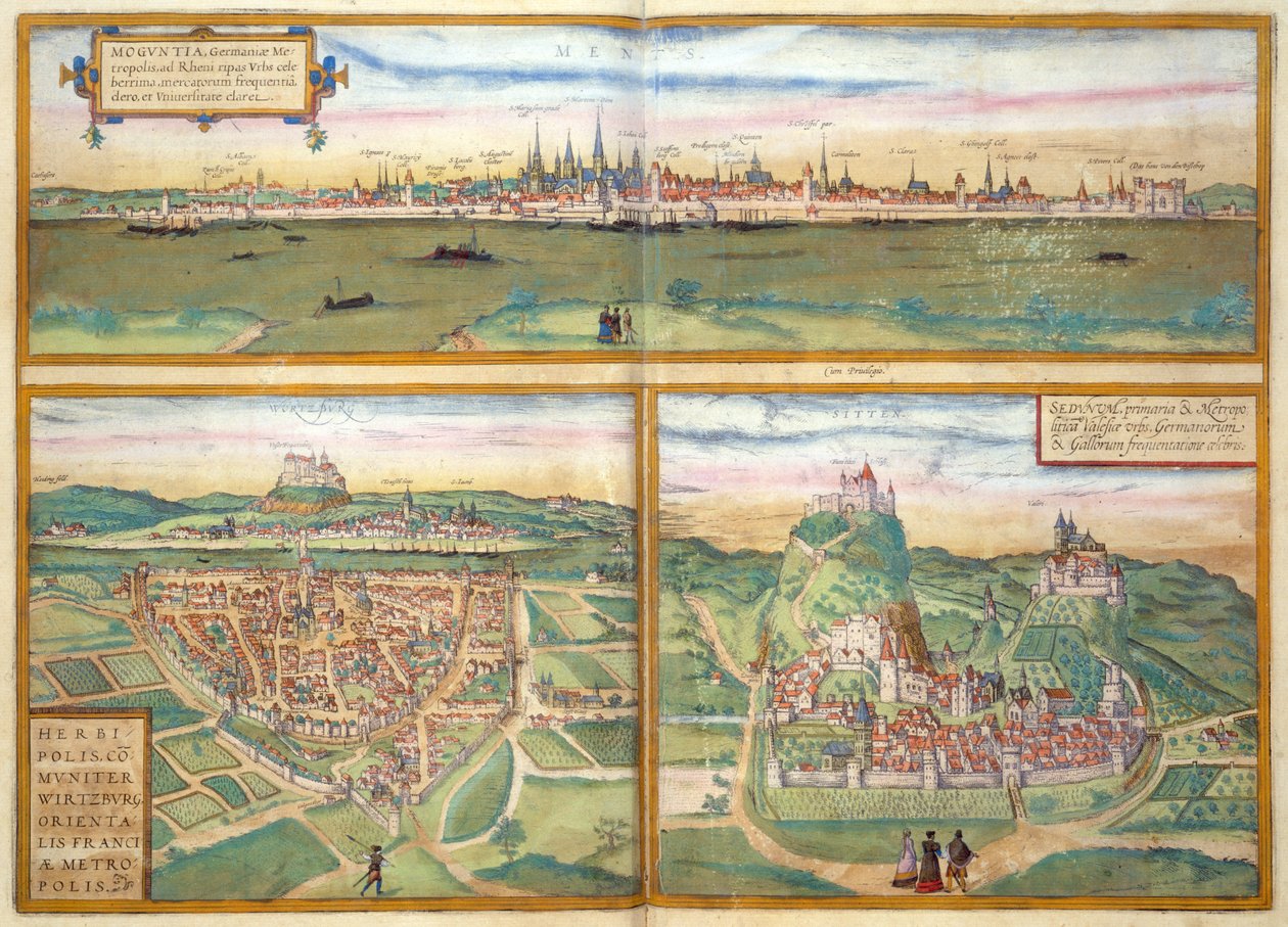 Metz, Wurtzburg og Sittensen, fra Civitates Orbis Terrarum av Georg Braun (1541-1622) og Frans Hogenburg (1535-90), ca. 1572 av Joris after Hoefnagel