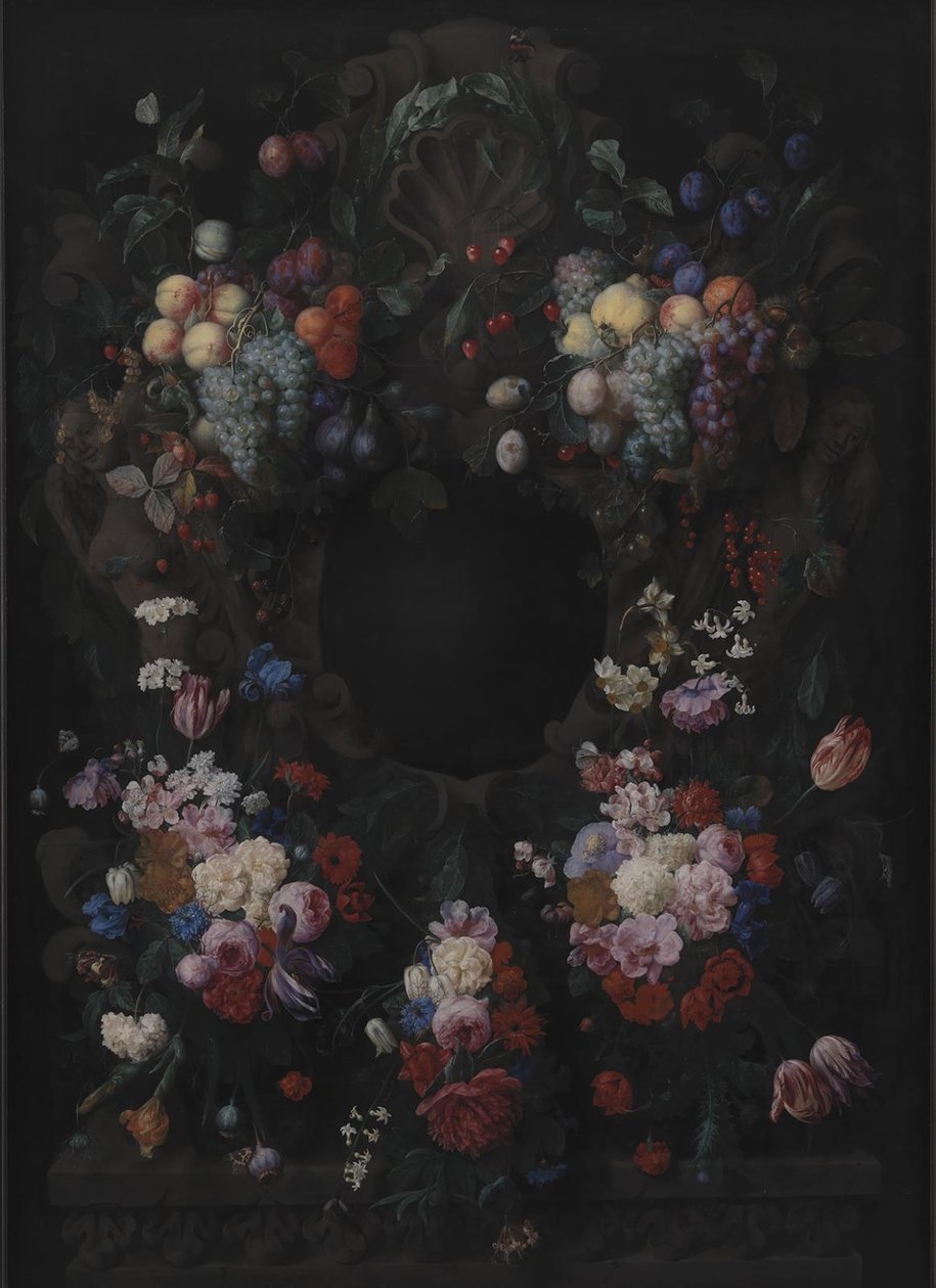 Steinkartouche med frukt- og blomsterkrans av Joris van Son