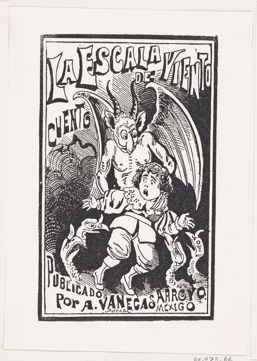 En demon som holder en ung gutt ved skuldrene over en gruppe gribber, illustrasjon..., ca. 1880-1910. av José Guadalupe Posada