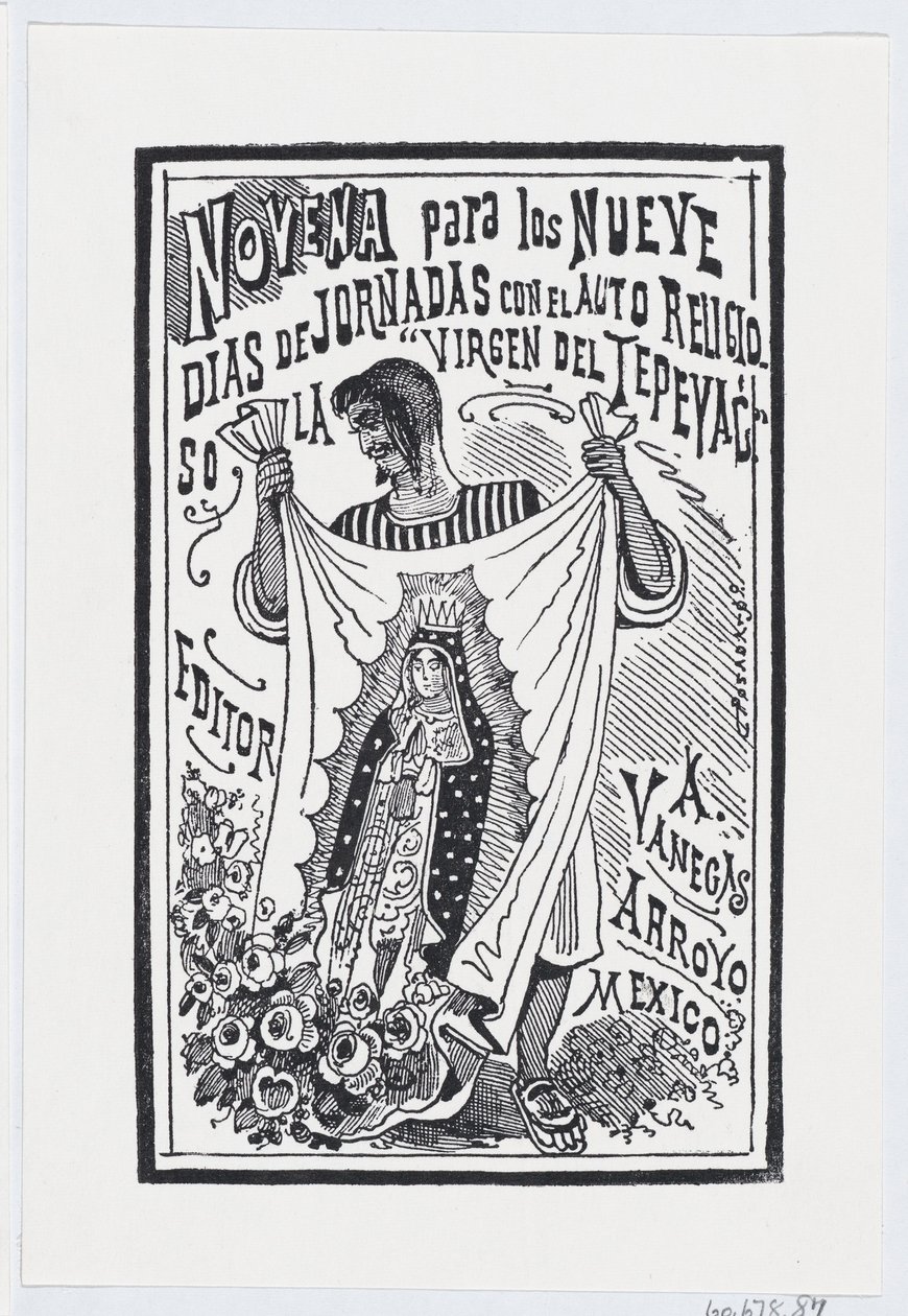 En mann som holder opp et stykke stoff med et bilde av jomfruen, illustrasjon for ..., ca. 1880-1910. av José Guadalupe Posada