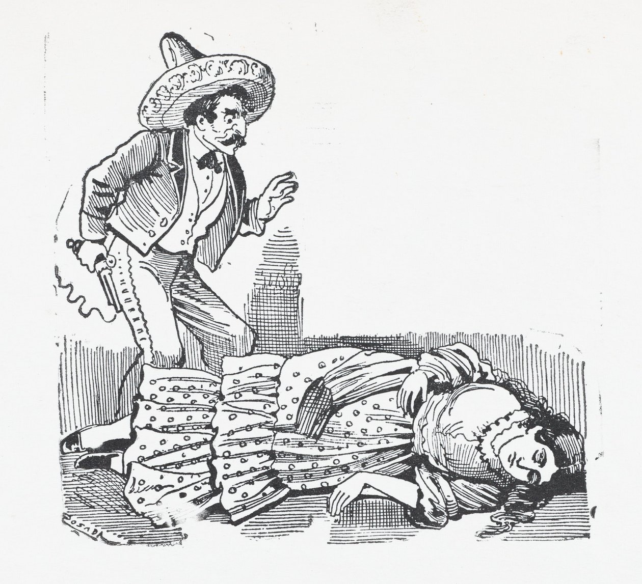 En mann med en pistol stående over en kvinne han nettopp har skutt, ca. 1880-1910., ca. 1880-1910. av José Guadalupe Posada