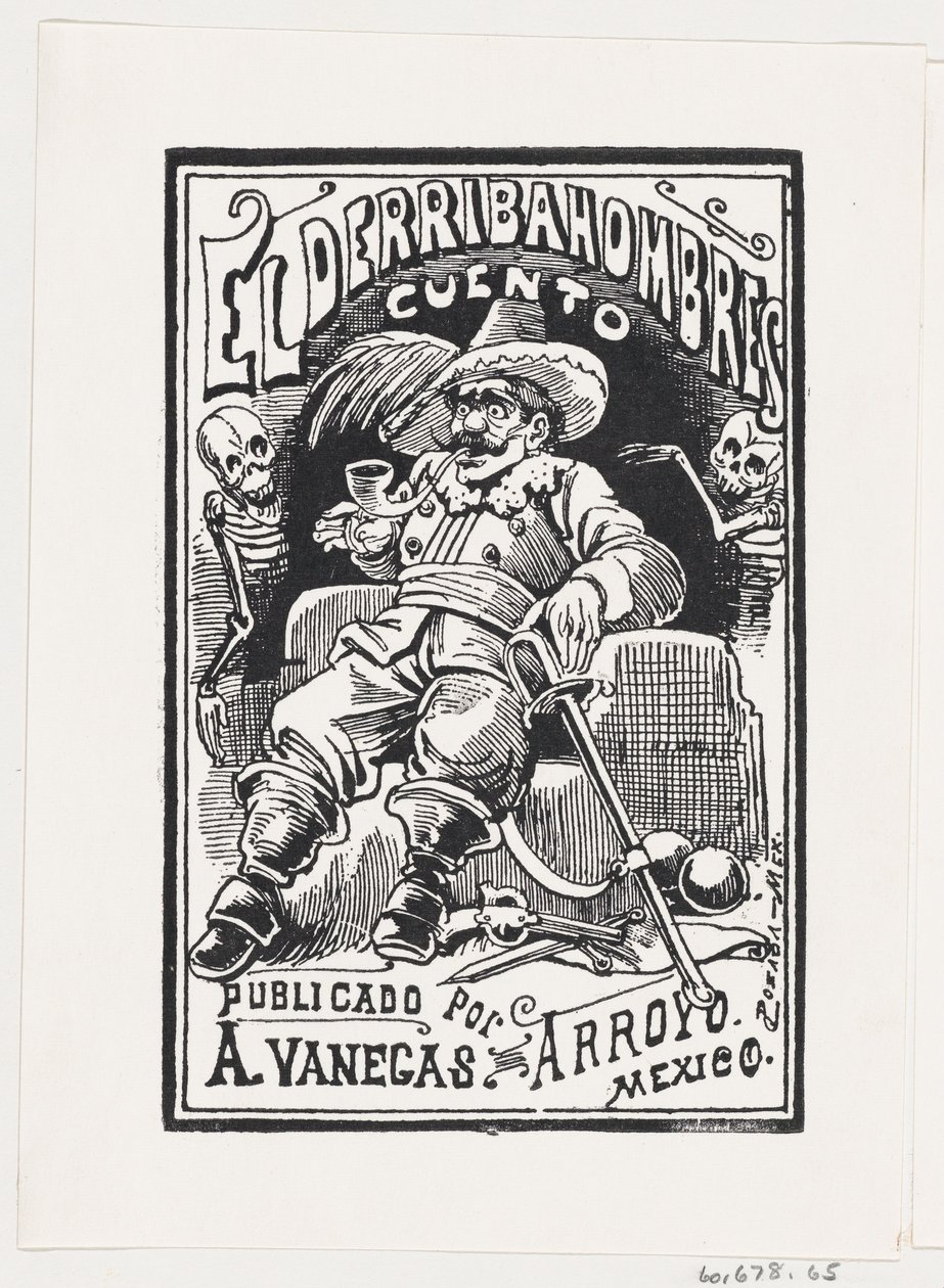 A man with weapons and a pipe in his mouth flanked by two skeletons, illustration..., ca. 1880-1910.    1146473   no       norwegian Successfully Translated  Original: Flowers with Yellow Rose Translat: Flowers with Yellow Rose 1316742 no norwegian Success av José Guadalupe Posada
