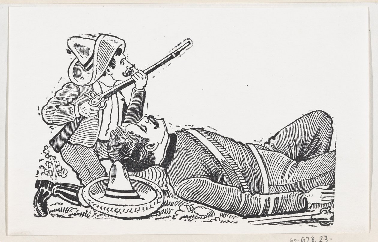En revolusjonær som holder en rifle og kneler for å beskytte en fallen revolusjonær, ca. 1880-1910. av José Guadalupe Posada