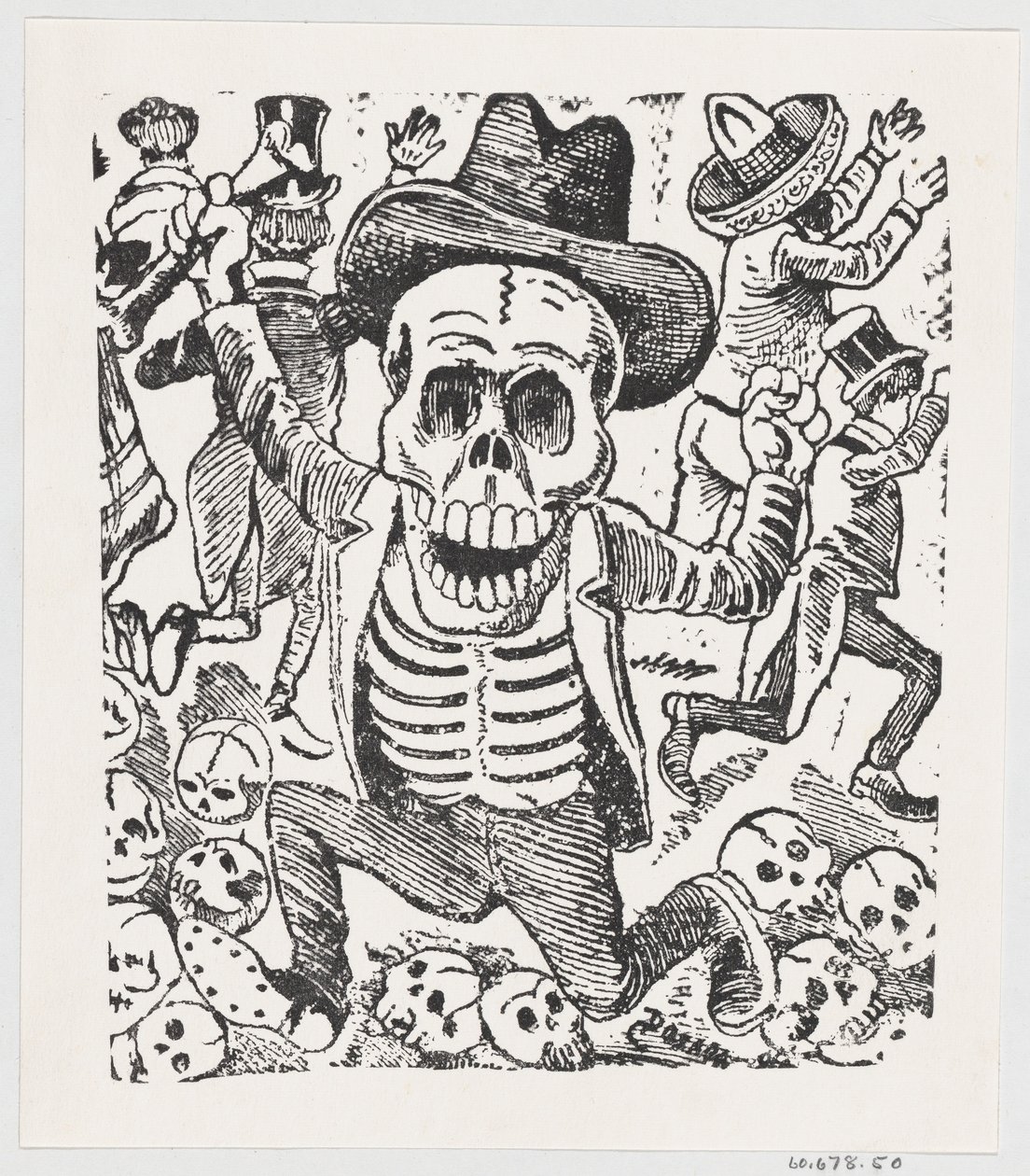 Et skjelett som holder et bein og hopper over en haug med hodeskaller mens folk flykter, fr..., ca. 1907. av José Guadalupe Posada