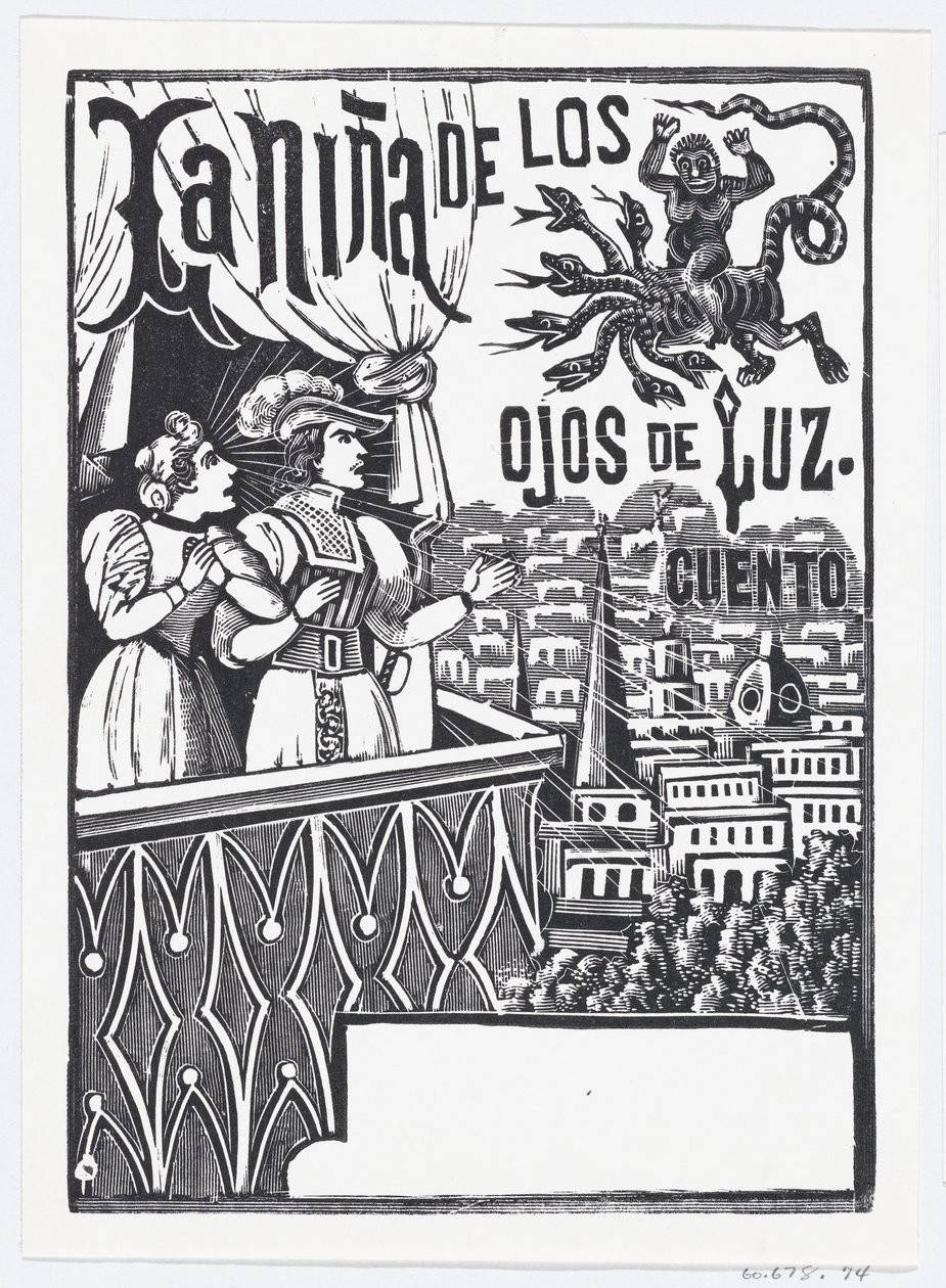 En kvinne og en mann som står på en balkong og ser opp på et flygende monster på himmelen..., ca. 1880-1910. av José Guadalupe Posada