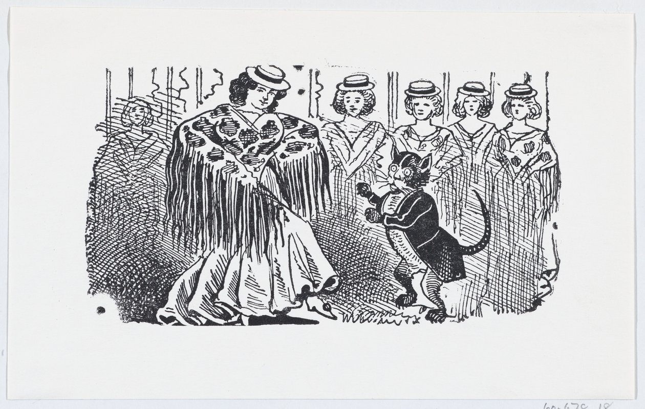 En kvinne som danser med en katt i dress, ca. 1880-1910., ca. 1880-1910. av José Guadalupe Posada