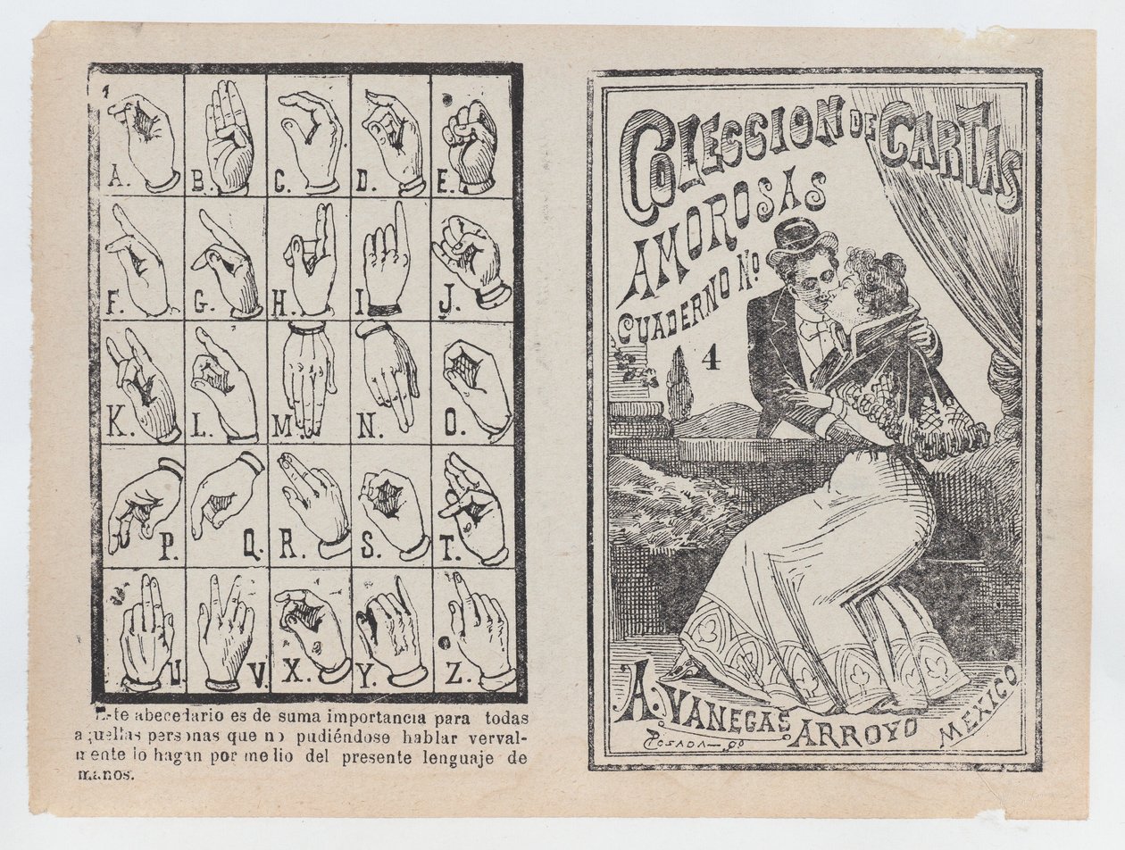 Omslag til 'Samling av amorøse brevnotatbok nr. 4', et par som omfavner og kysser..., ca. 1900. av José Guadalupe Posada