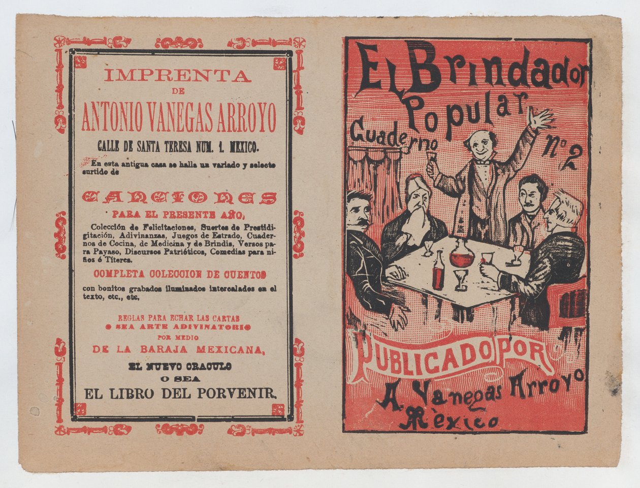 Cover for «El Brindador Popular», en mann som hever en skål for en gruppe mennesker som sitter..., ca. 1880-1910. av José Guadalupe Posada