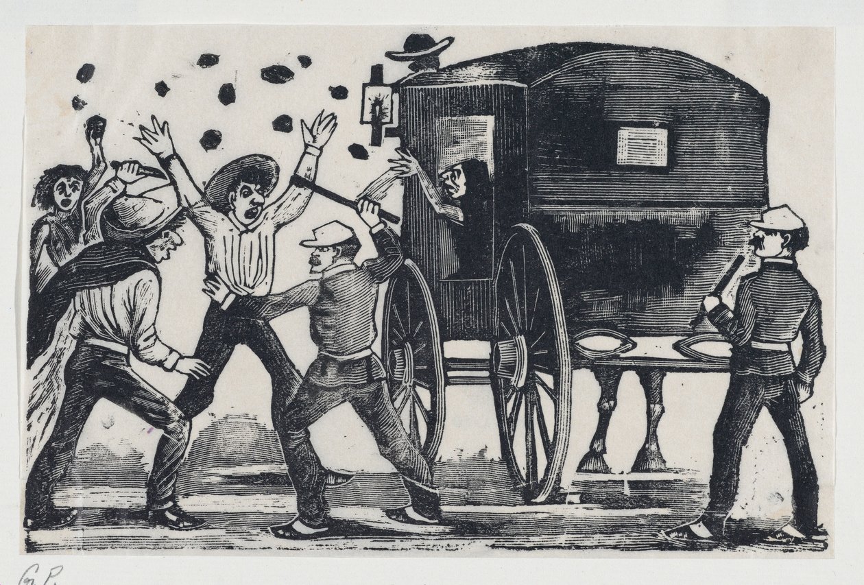 Menn som kjemper i nærheten av en hest og vogn, ca. 1900-1910., ca. 1900-1910. av José Guadalupe Posada