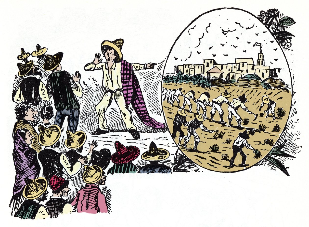 Den meksikanske revolusjonen (1910-1920): historie om hardt arbeid av en av arbeiderne i Valle Nacional, rundt 1908 - Xylografi av Jose Guadalupe Posada (1852-1913) av José Guadalupe Posada