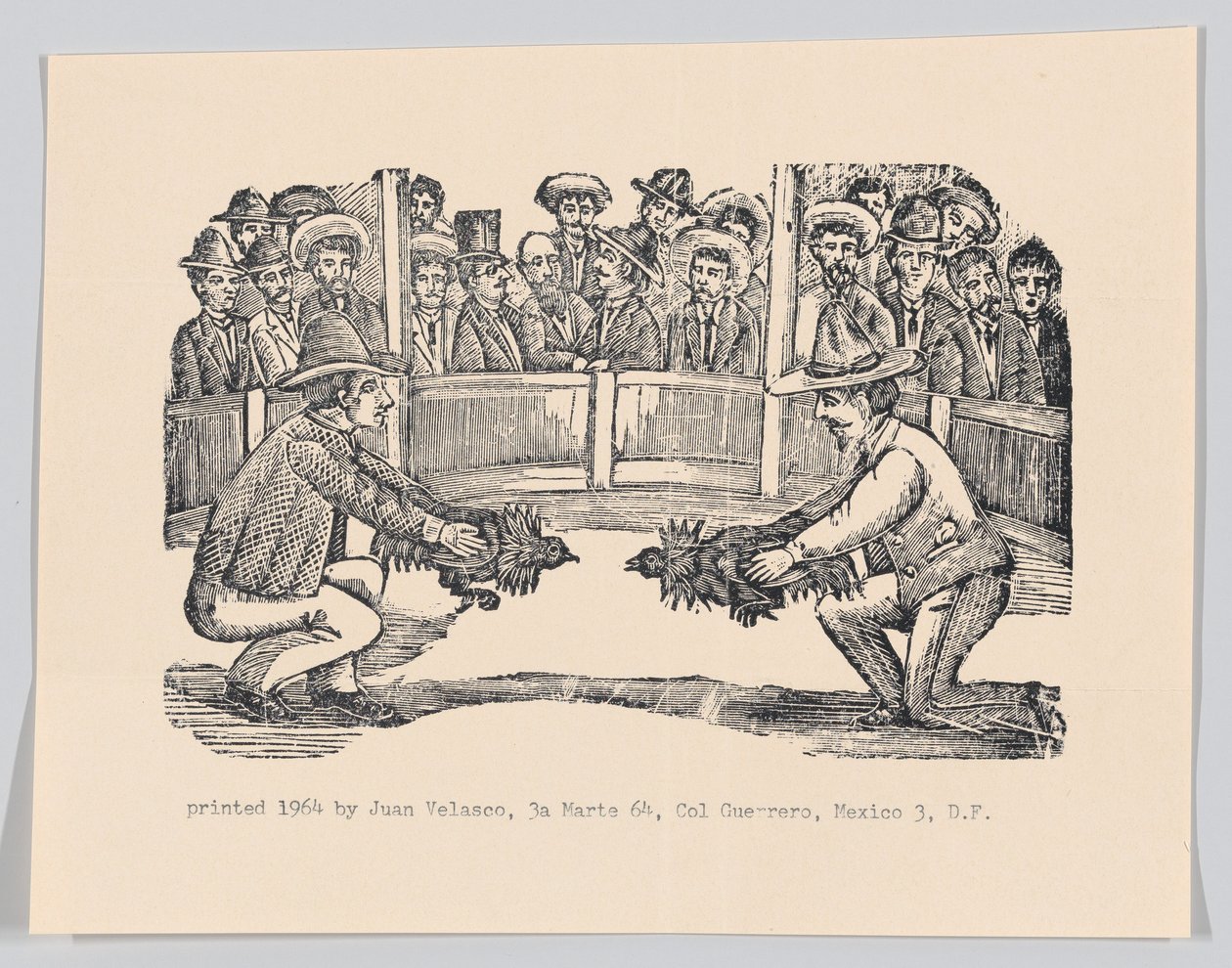To menn på en arena som holder haner som forberedelse til kamp, spe..., ca 1890-1910 gjengitt 1964. av José Guadalupe Posada