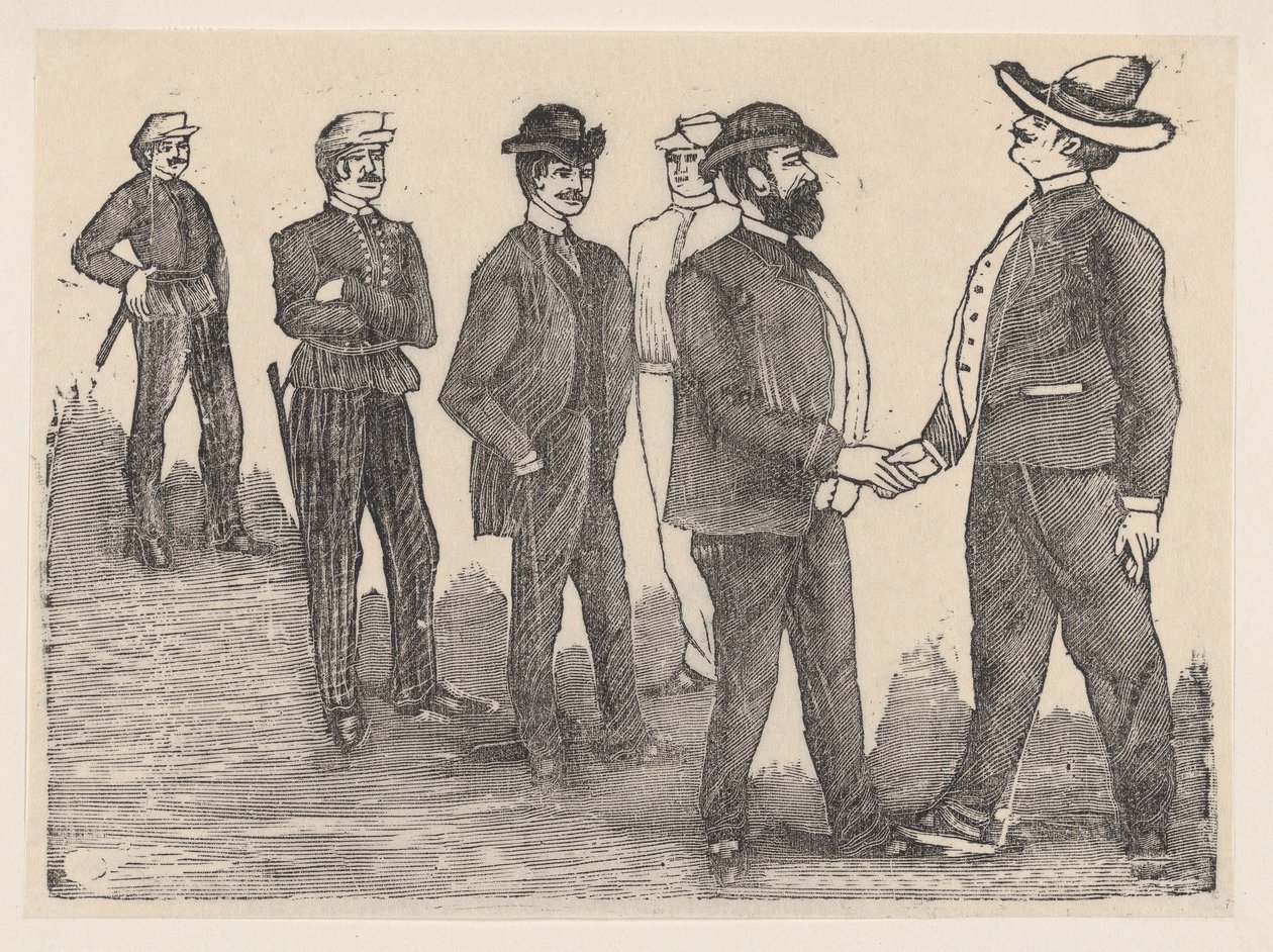 To menn håndhilser i forgrunnen og offiserer ser på dem i bakgrunnen..., ca. 1880-1910. av José Guadalupe Posada
