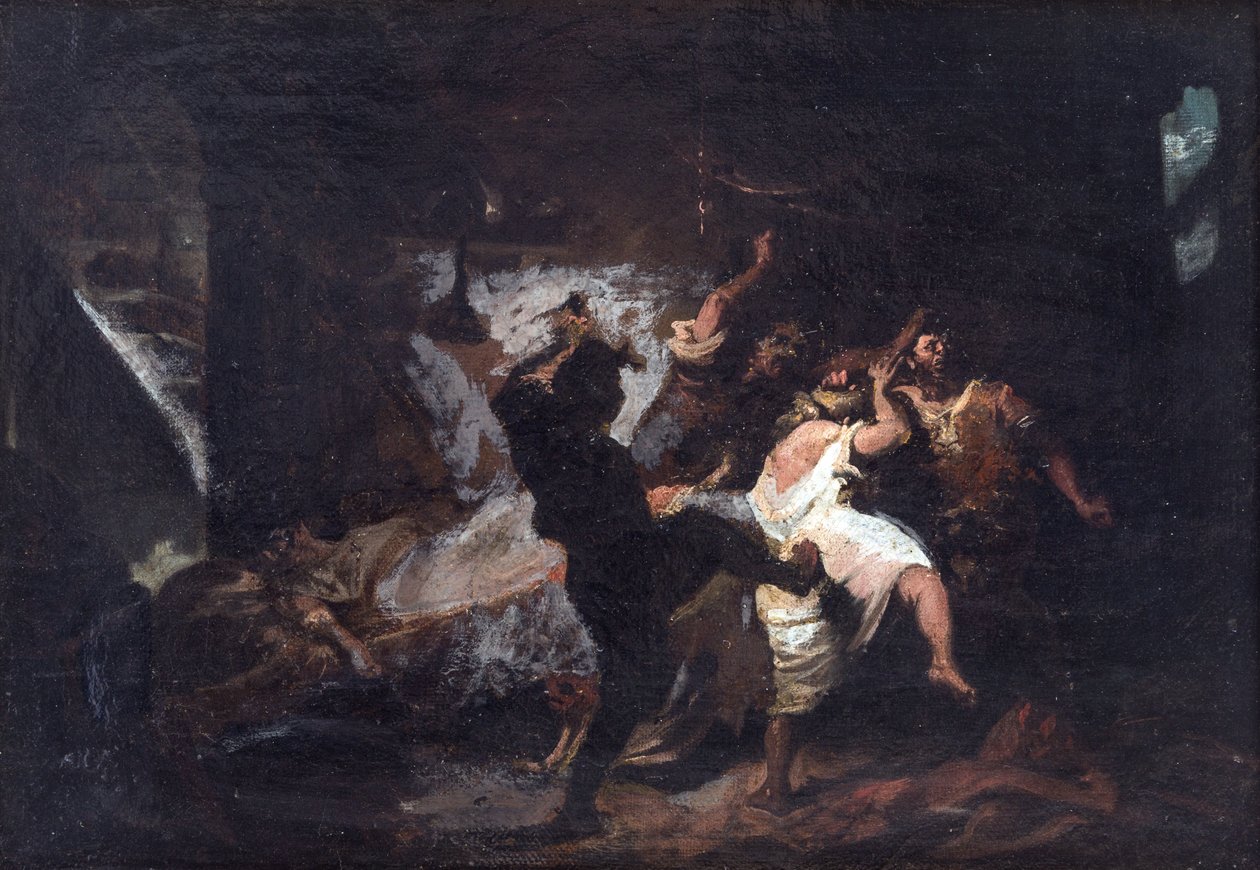 Scene extraite de Don Quichotte de Cervantes - Scene fra Don Quixote de la Mancha av M. de Cervantes, av Jimenez Aranda, Jose (1837-1903). olje på lerret av José Jiménez Aranda