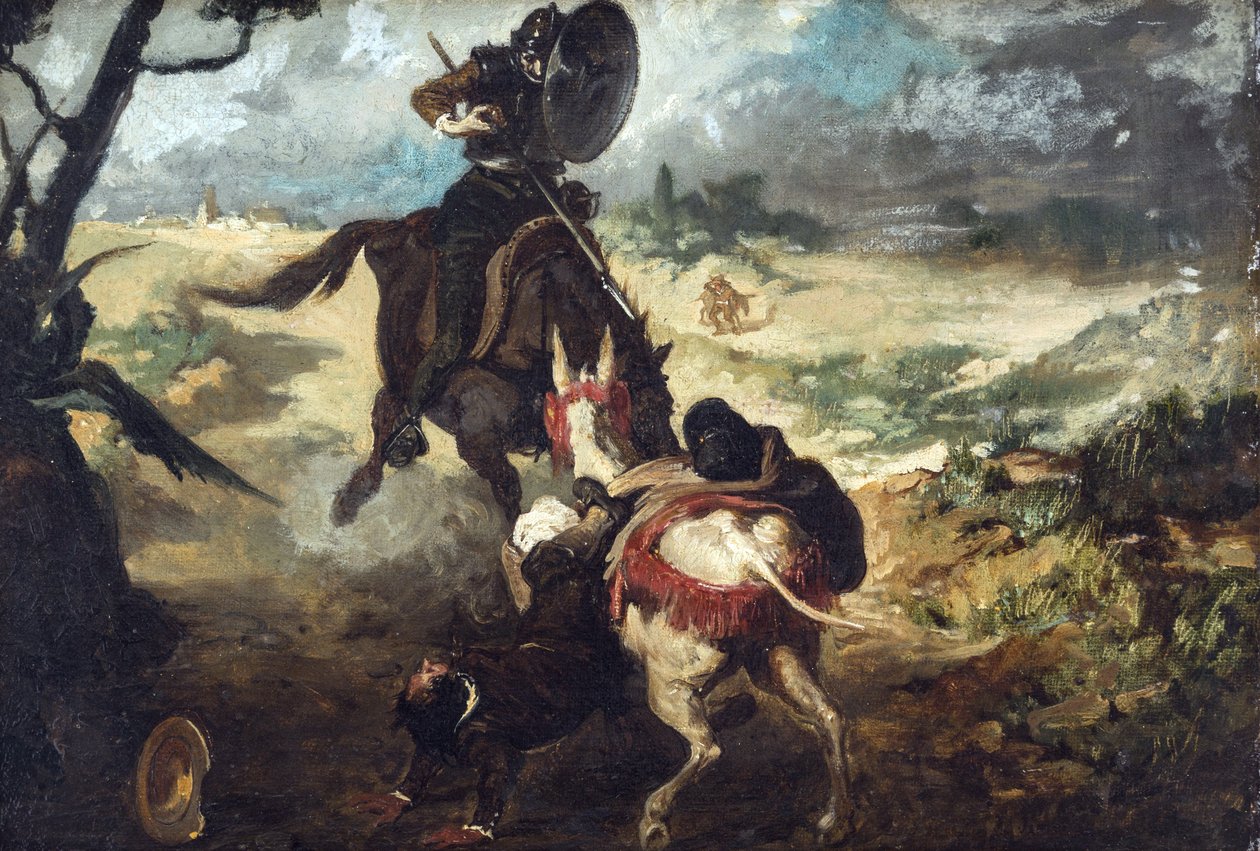 Scene extraite de Don Quichotte de Cervantes - Scene fra Don Quixote de la Mancha av M. de Cervantes, av Jimenez Aranda, Jose (1837-1903). olje på lerret av José Jiménez Aranda