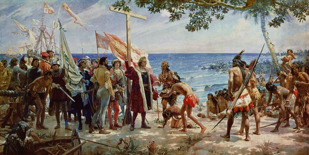 Ilandstigningen av Christopher Columbus på øya Guanahani i 1492, ca. 1890 av Jose Garnelo y Alda