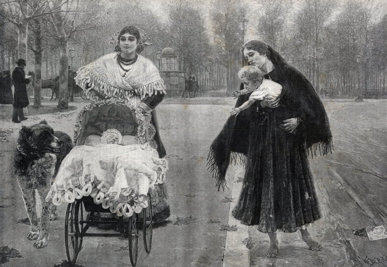 I Tuileriehagen i Paris - Kontrasten - gravering etter maleriet av Jose Villegas Cordero (1844-1921) av Jose (after) Villegas y Cordero