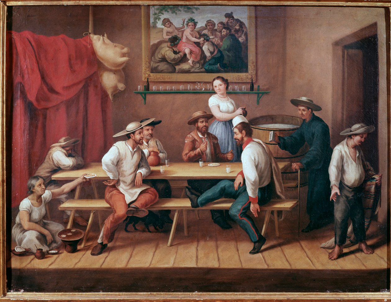 En pulqueria Taverne i Sør-Amerika, tilstedeværende gjester drikker pulque (tradisjonell mesoamerikansk alkoholholdig drikke) (Offentlig hus med pulque-drikkere) Maleri av Augustin Arriete (1800-tallet) Mexico City, historisk nasjonalmuseum, Chateau Chapul av Jose Agustin Arrieta