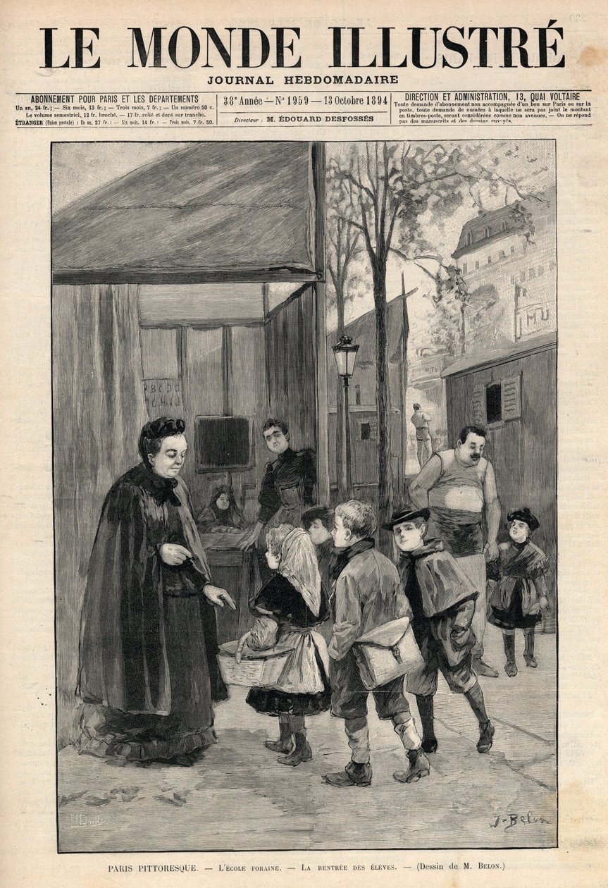 L'Ecole Foraine i Paris: elevenes retur - Tegning av M. Belon - "The Illustrous World"" fra oktober 1894 av Jose Belon