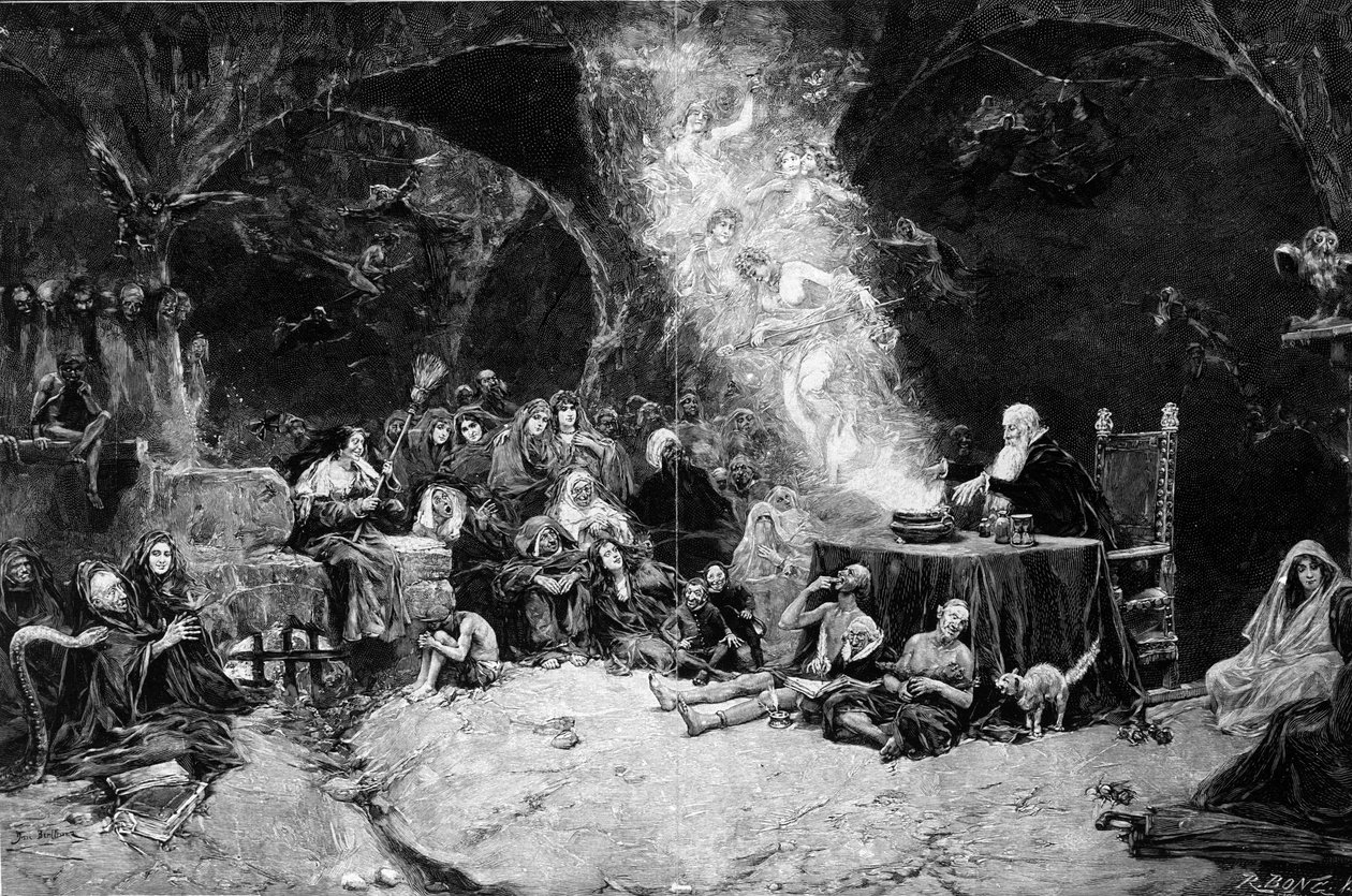 Sabbatsscene, en trollmann leder seremonien og tilkaller skapninger i en magisk gryte. Hekser kommer til stedet. Fra en tegning av Jose Benlliure y Gil (1855-1937) av Jose Benlliure y Gil