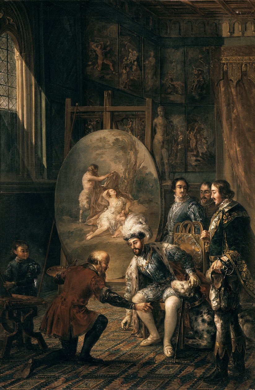 ""keiseren Charles V (1500-1558) plukket opp penselen til maleren Tiziano Vecellio sa Titian (1485-1576), maler ved keiserens hoff"" Maleri av Jose Felipe Parra (1824-1864) Valencia fra 1800-tallet , Museo de Bellas Artes San Pio V av Jose Felipe Parra