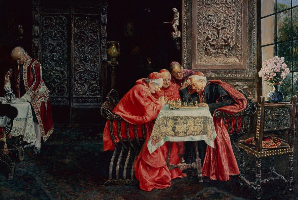 A Game of Chess (olje på panel) av Jose Gallegos Arnosa