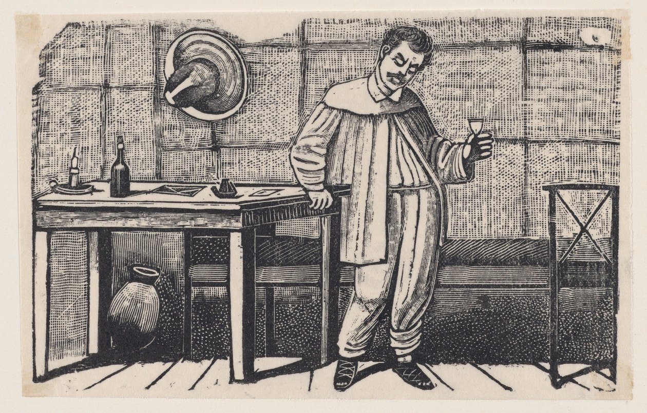 En mann med et glass i hånden som ser nedover og lener seg mot et bord, en illustrasjon fra «El huérfano» av José Guadalupe Posada