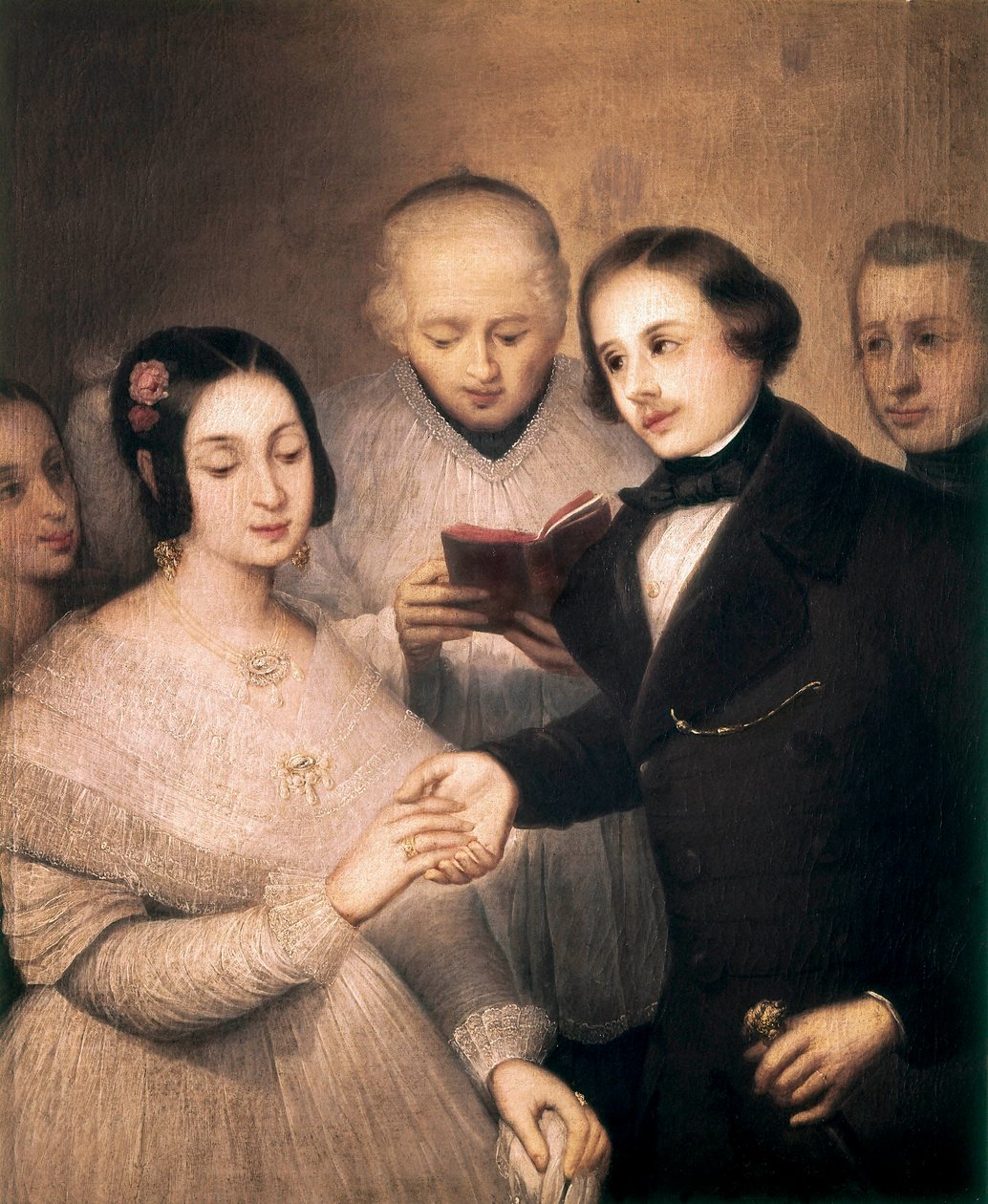 Det romantiske bryllupet. Maleri av Jose Gutierrez De La Vega (1791-1865). Madrid. Romantisk museum. av José Gutiérrez de la Vega