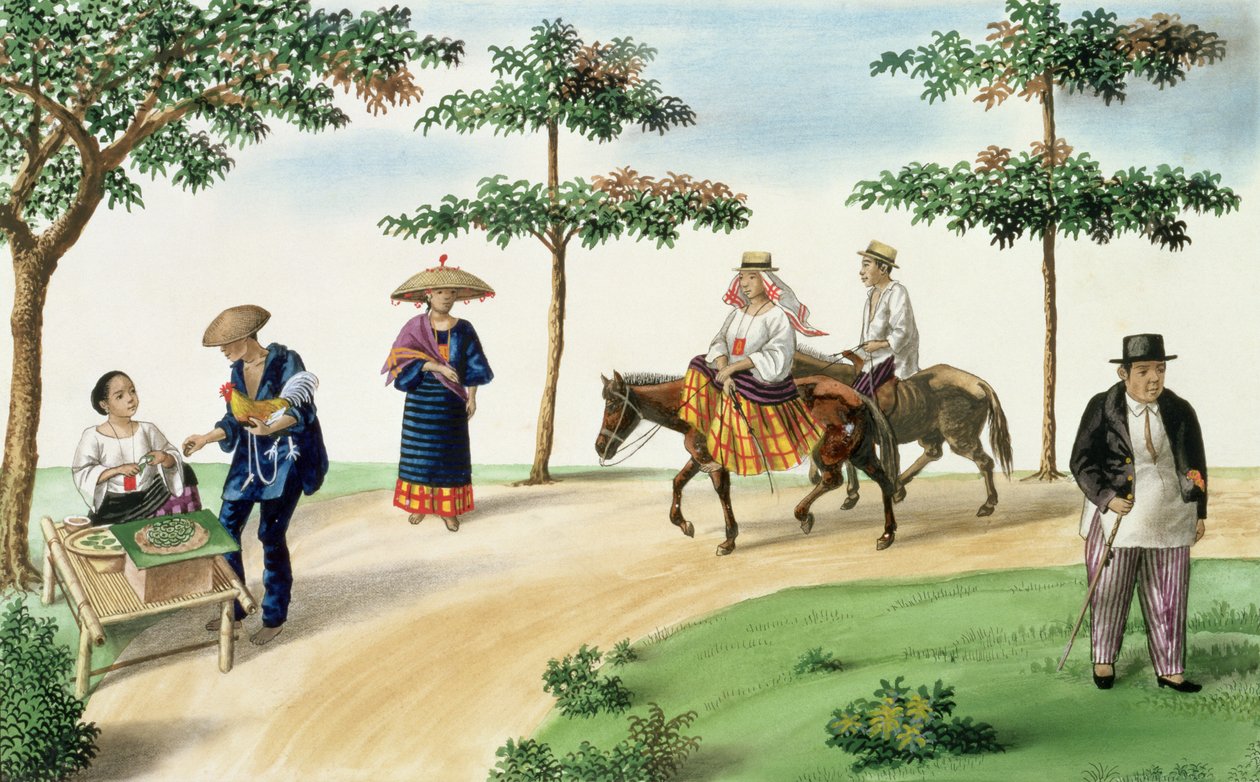 En gatescene, fra "The Flebus Album of Views In and Around Manila", ca. 1845 av Jose Honorato Lozano