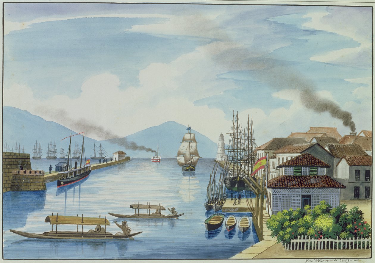 Munnen til Passig-elven, fra "The Flebus Album of Views In and Around Manila", ca. 1845 av Jose Honorato Lozano