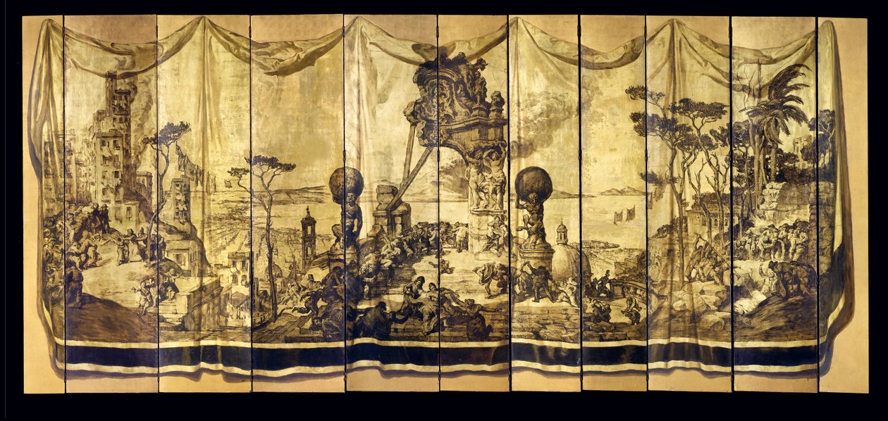 Vision Mediterranea, elleve-blads skjerm, ca. 1925 (olje på forgylt trepanel) av Jose Maria Sert y Badia