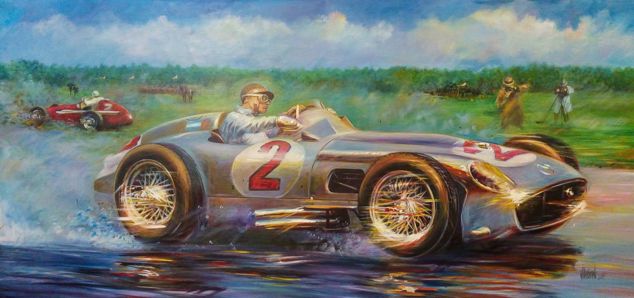 Juan Manuel Fangio, City of Buenos Aires Grand Prix 1955, Argentina, Mercedes Benz 196 W. (akryl på lerret) av Jose Maria Villafuerte